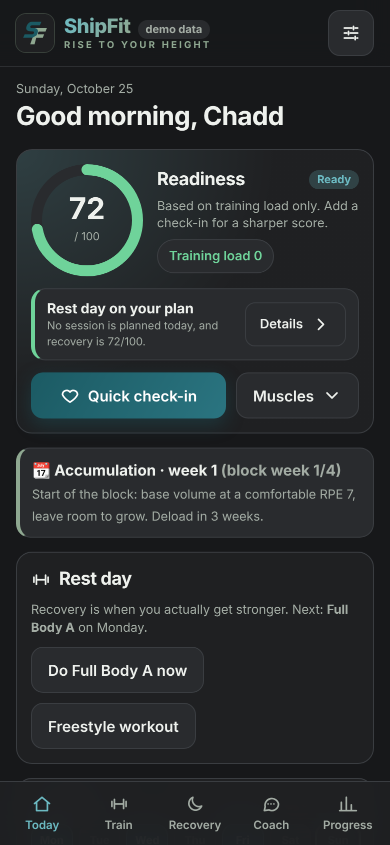 ShipFit Today screen: readiness score, recovery recommendation and today's workout