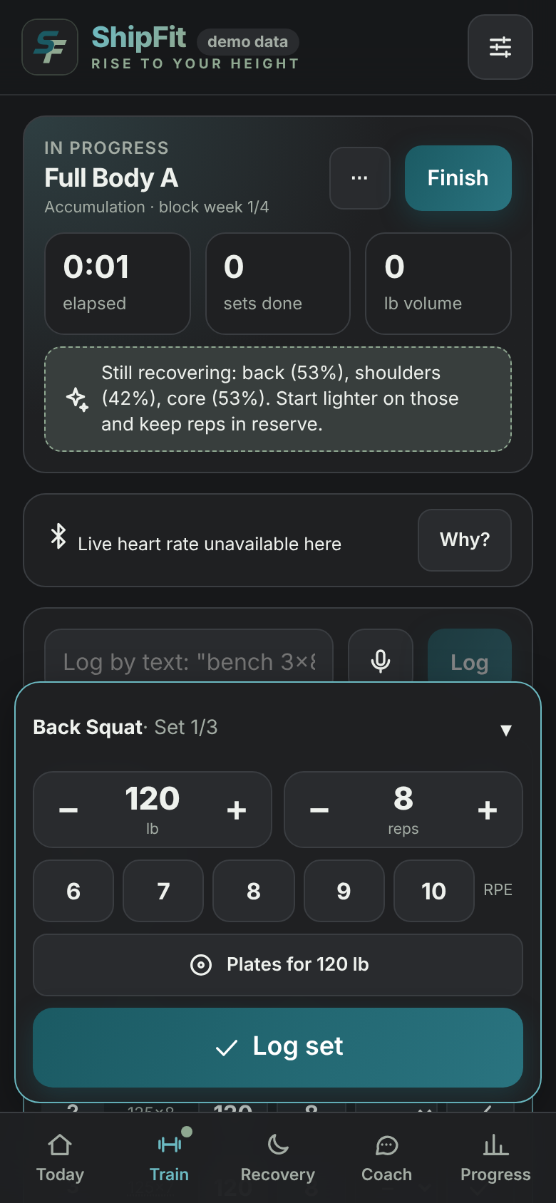 Workout screen with the set pad and Log set button