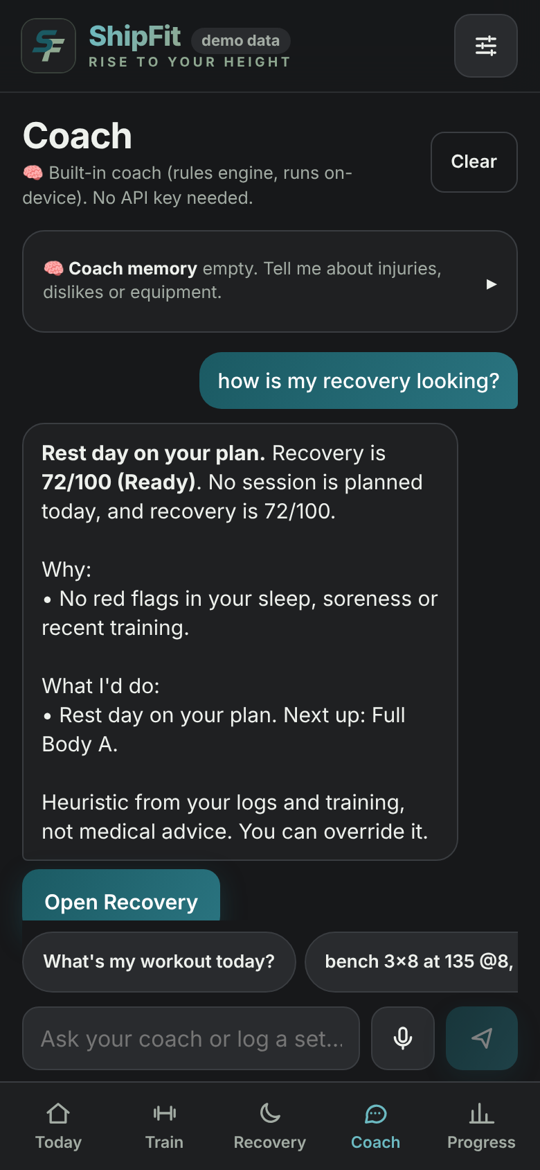 ShipFit coach chat answering a recovery question
