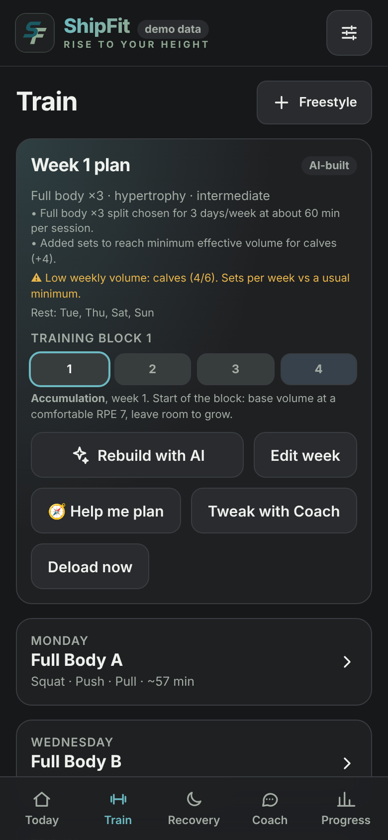 Train tab with the weekly plan